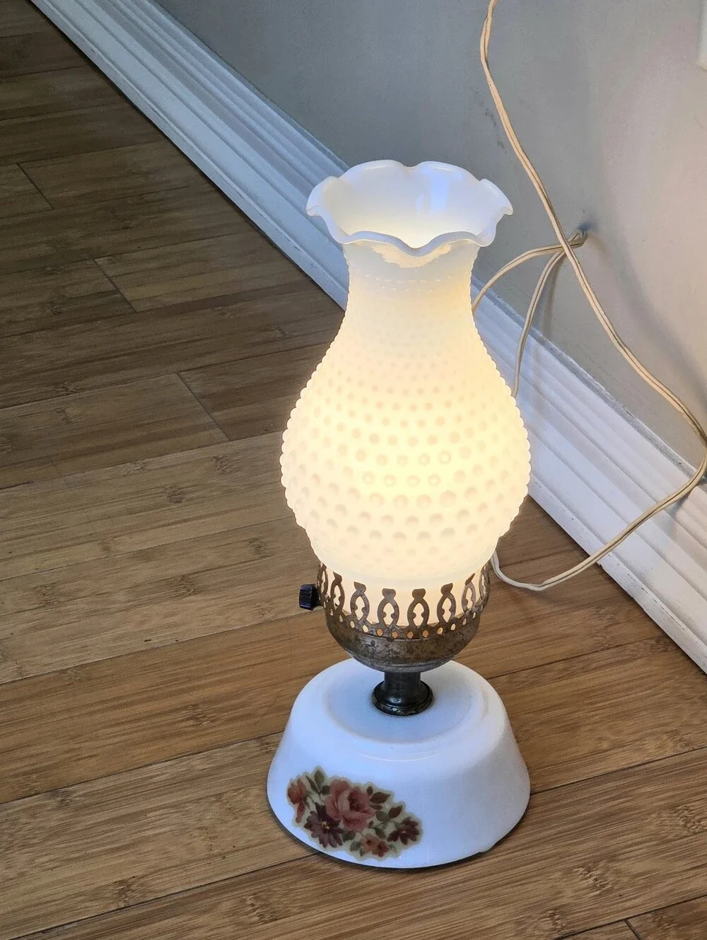 Vintage Hobnail Milk Glass Table Lamp with Floral Base Cottagecore Boudoir Lamp